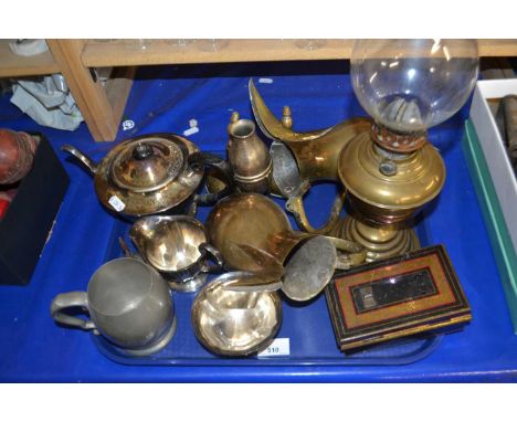 Tray of mixed items to include silver plated tea set, oil lamp, Middle Eastern coffee pot and other items