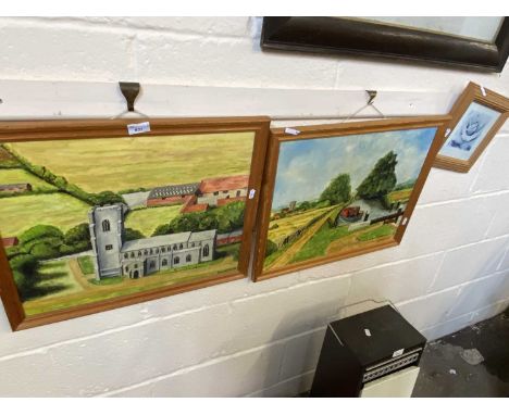 Study of a Church signed Bromwich, oil on board together with study of a canal barge, oil on board, both framed, also a repro