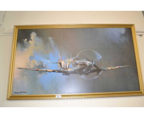 Reproduction print of a Spitfire by Barrie A F Clarke in gilt frame