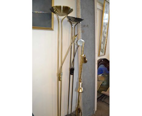 Two uplighters with adjustable lamps and a two light brass effect standard lamp (3)