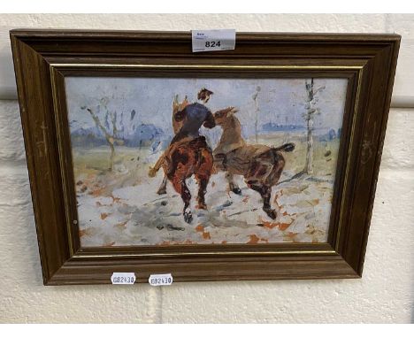 A reproduction impressionistic print of a rider and two horses, framed