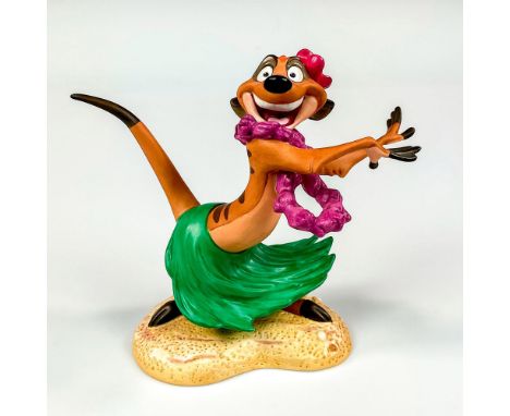 Ceramic in matte finish modeled as Timon from The Lion King dressed as a hula girl dancing. Walt Disney Collection backstamp.