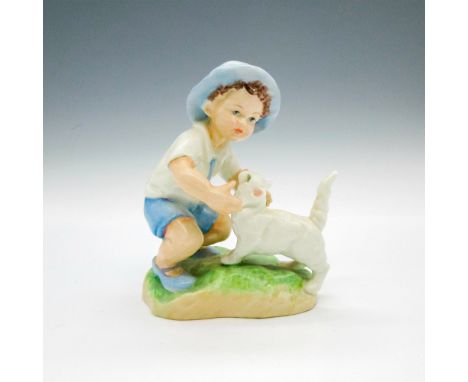 Part of Month of the Year series. Child dressed in light blue hat, shoes and shorts playing with cat. Royal Worcester backsta