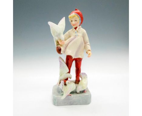 Part of Month of the Year series. Child dressed in winter clothes, feeding pigeons. Royal Worcester backstamp. 3418. Artist: 