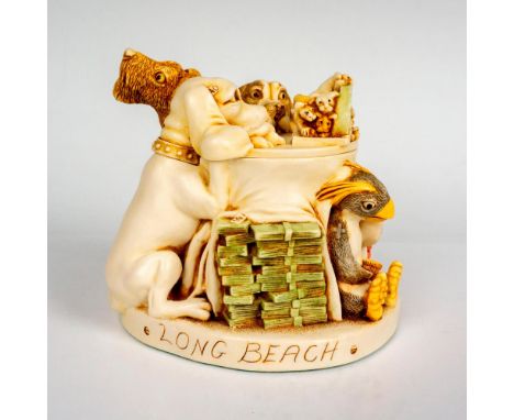 Crushed marble, hand crafted featuring comical scene of gambling animals. Artist signature on lid. Harmony Kingdom factory la