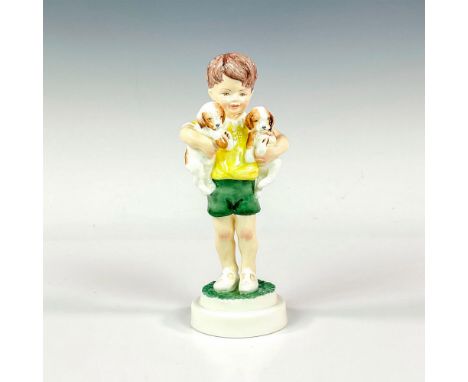 Glossy finish modeled as a little boy child dressed in buttercup yellow shirt and green summer shorts holding two little pupp
