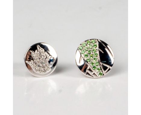 Rhodium metal round tack pins presented to members at SCS events. Includes 2008 Bamboo pin with light peridot crystals, and t