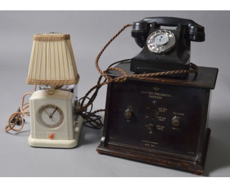 A good interesting mixed lot of collectables including cased set of scales, bakelite telephone, an electro-pneumatic massage 