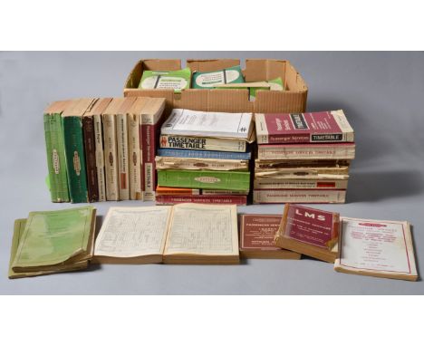 2 boxes of assorted vintage railway timetables etc with a box of railway related DVDs 