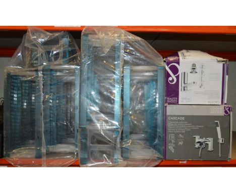 POLICE :A quantity of 'aidata' plastic storage racks and boxed hand basin, bath and shower  tap sets [VAT ON HAMMER PRICE] [N