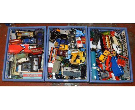 Three boxes of unboxed diecast model vehicles in a variety of different scales.