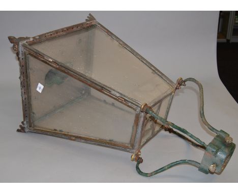A large copper gas light fixture with plaque marked "FOSTER & POLLEN AVIL WORKS BRADFORD"