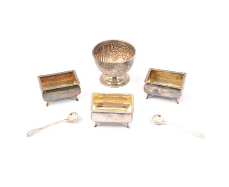 A set of three Georgian silver salts, marks worn, rectangular form with gadrooned rims, bracket feet, length 8cm, a pair of G