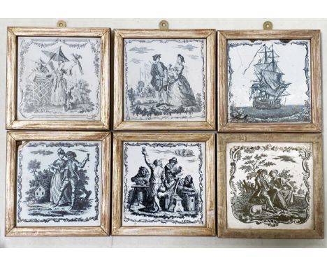 Six framed Liverpool Delftware tiles, 18th century, with engraved scenes transferred in black against a white ground, includi
