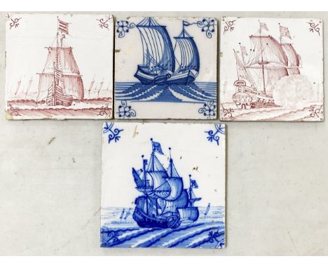 Four Delft tiles with galleon designs, one large 6-inch tile in blue and white, with one smaller blue and white glazed tile, 