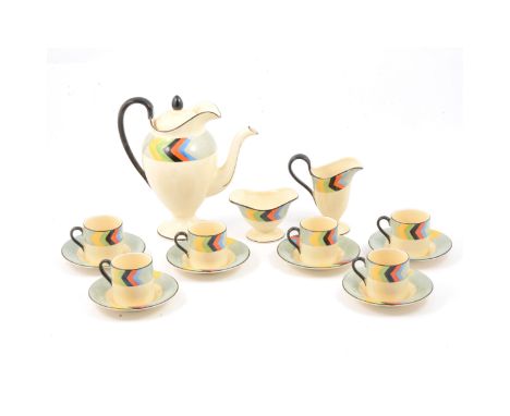 Bursley Ware, an Art Deco coffee service, cream ground with chevron borders, including six cans and saucers, coffee pot, crea