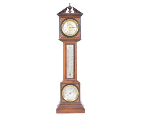 Miniature table clock, with thermometer and barometer, designed as a longcase clock, turned finial, architectural pediment, i