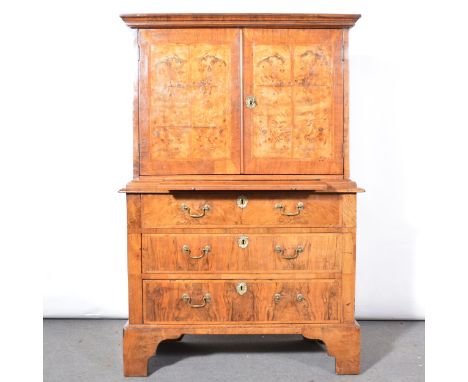 George II walnut cabinet, adapted as a drinks cabinet, moulded cornice, two panelled doors to the upper section above a slide