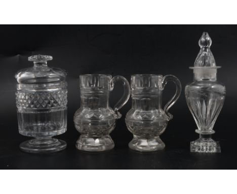 A Regency cut glass sugar box, with a domed lid, the bowl with trellis cut band, stepped circular foot, 14cm; a baluster-shap