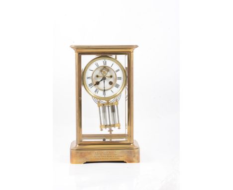 Brass 'four glass' mantel clock, circular enamelled dial, visible escapement, mercury compensated pendulum, cylinder movement