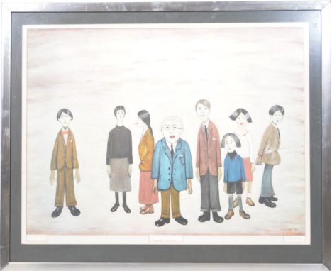 After Laurence Stephen Lowry R.A., His family, offset lithograph printed in colours, signed in pencil, 55x72cm, torn.