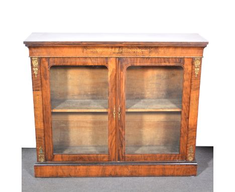 Victorian inlaid walnut vitrine, rectangular top, cavetto frieze and sides with marquetry inlay, two glazed doors enclosing a