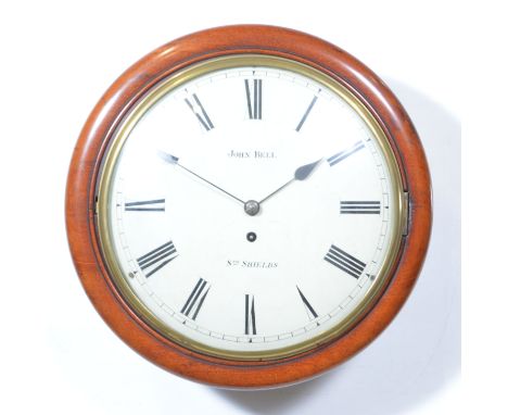 Victorian wall clock, circular mahogany case, painted dial with Roman numerals, signed John Bell, South Shields, single fusee