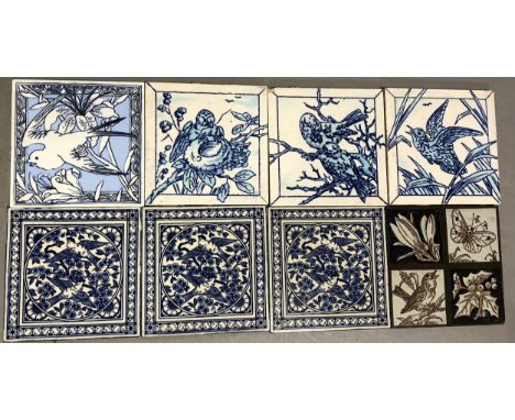 Eight 6-inch Victorian decorative tiles by Minton &amp; Hollins, all with bird designs, three in turquoise glaze with navy ou