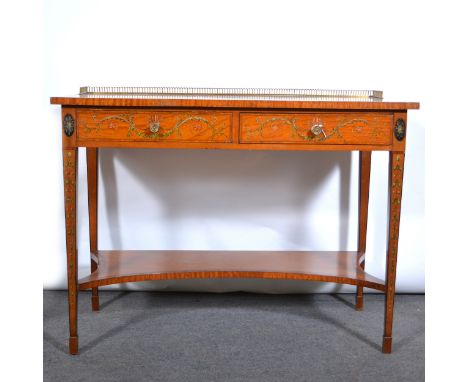 Edwardian painted satinwood console table, in the style of Edwards &amp; Roberts, rectangular top with brass gallery, two fri