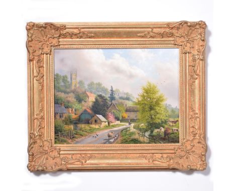 Daniel van der Putten, Whiston in the spring, signed, oil on panel, 33.5cm x 43.5cm.