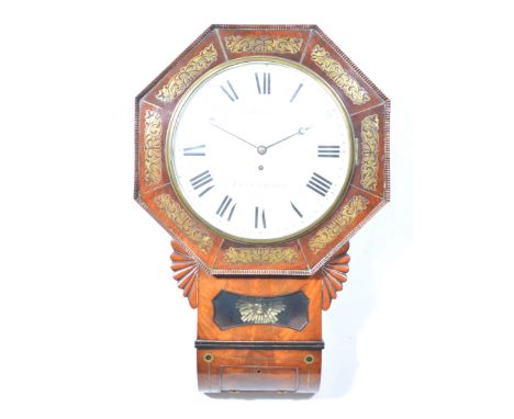Victorian mahogany and brass inlaid Norfolk type wall clock, 12" circular painted dial with Roman numerals, signed B. Emanuel