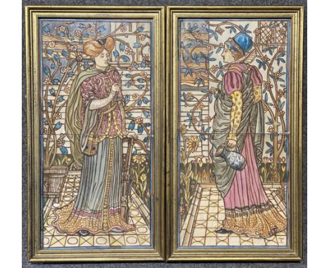 Two Victorian handpainted two-tile panels, painted with two allegorical females in a courtyard garden, each formed with two e