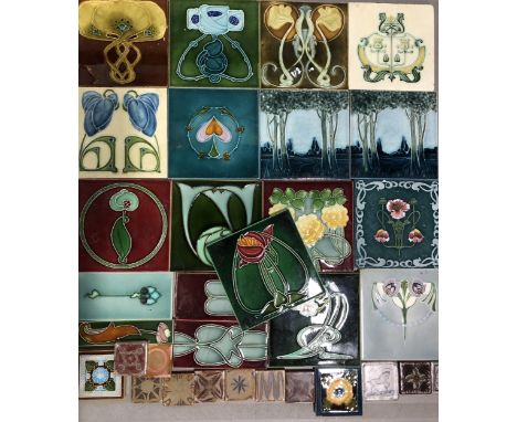 A quantity of Victorian and Edwardian decorative tiles, mostly showing the Art Nouveau influence, including a three-tile pane