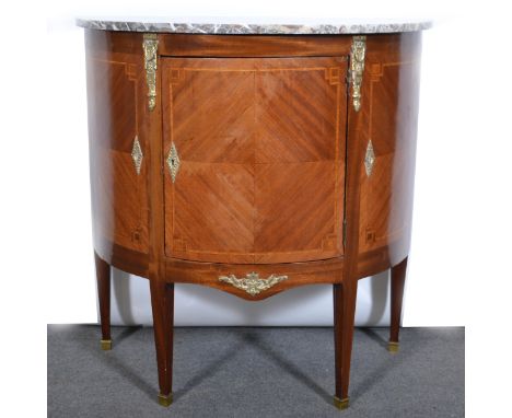 Continental walnut demi-lune commode, variegated marble top, cupboard enclosing a shelf, gilt metal mounts, square tapering l