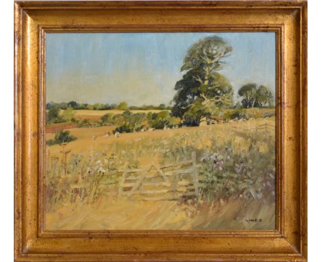 John Lines, Country landscape with a five bar gate, signed, oil on board, 33x39cm.