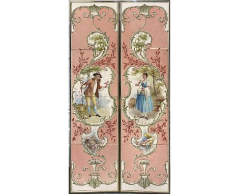 Pair of decorative hand painted tile panels, Rococo style borders enclosing fields with courting couple, predominantly pink g