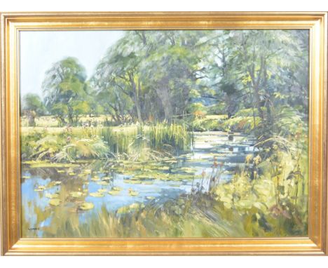 John Lines, River Arrow, waterlilies, signed, oil on board, 54x75cm.