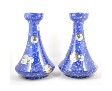 A large pair of Shelley Cloisello ware vases, blue transfer floral ground with Japanese inspired roundels heightened with gil