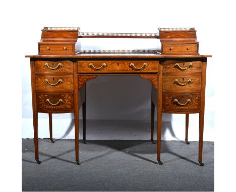 Edwardian mahogany band marquetry desk, in the style of Edwards &amp; Roberts, raised superstructure with brass gallery, cent