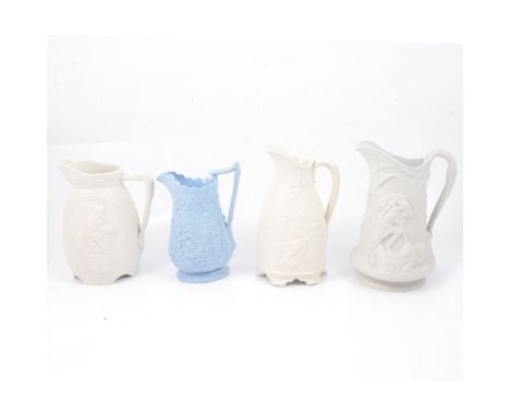 A white stoneware David &amp; Goliath jug, Thomas Till &amp; Son, impressed marks, 20.5cm; blue stoneware Judgment of Solomon