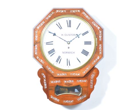 Victorian rosewood and mother of pearl inlaid Norfolk type wall clock, 11.5" circular painted dial with Roman numerals, signe