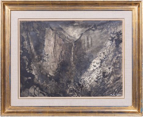 John Piper, The High Fall (Ffrwd Fawr), signed, pen and ink and chalk on paper, 36cm x 49cm; offered with a signed copy of th