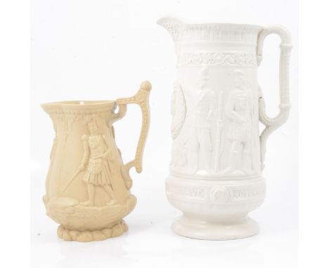 A buff coloured stoneware Three Soldiers jug, Ridgway &amp; Abington, impressed mark, 18cm; and a white stoneware Loyal Volun