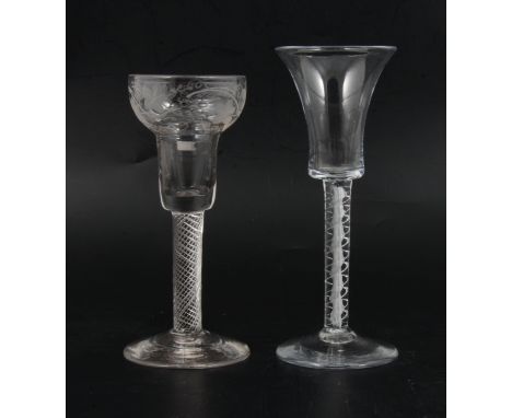 A pan-top wine glass, mid 18th century style, bowl engraved with a trailing vine, multi-thread air-twist stem, slightly domed