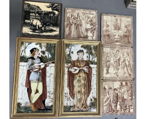 Two large Victorian decorative figural tiles, transferred with male and female musician in a walled garden, framed, 33.5cm x 