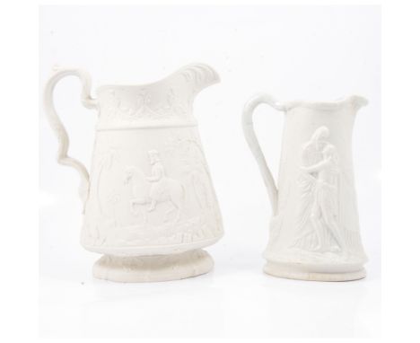 A Parian Resting Putti jug, T &amp; R Boote, printed mark, 23cm; a Parian type Paul et Virginie jug, possibly T J &amp; J May