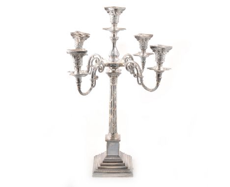 Edwardian silver presentation five-light table candelabra, by Alexander Clark Manufacturing Co., Sheffield 1910, fluted Corin