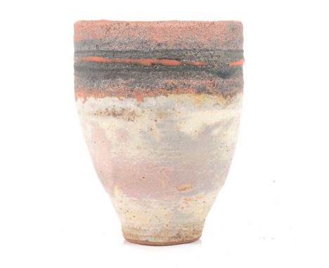 Robin Welch, a stoneware vase, textured volcanic red banding to neck, above a mottled grey glaze body, stamped RW, 16cm.