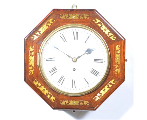 Victorian rosewood and brass inlaid wall clock, octagonal case, painted dial with Roman numerals, single fusee movement, with