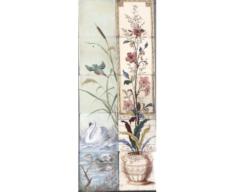 Two Victorian five-tile panels, both formed from 6-inch tiles, one painted with kingfisher and swan with bulrushes, the other